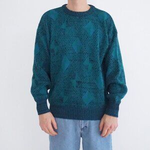 Bronzini Teal Textured Knit Sweater Preppy Collegiate Eclectic Grandpa Cozy L